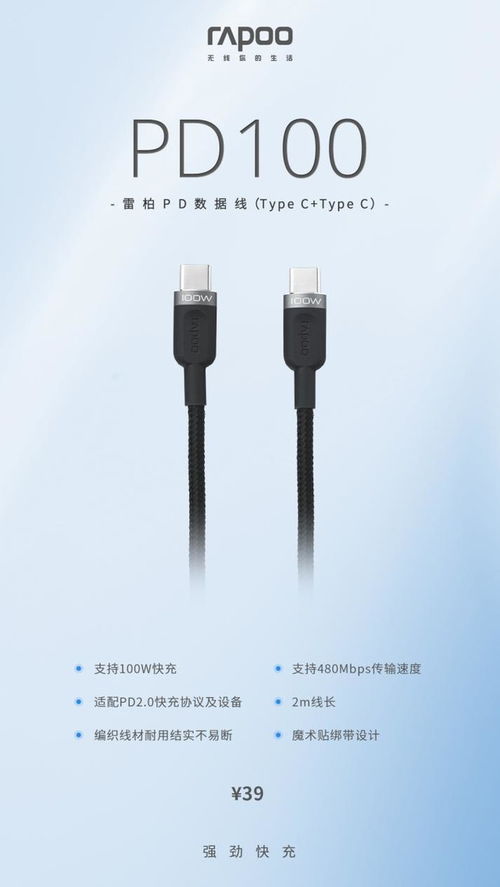 強勁快充新體驗 雷柏PD100 Type-C數據線上市，秒速回血不過熱